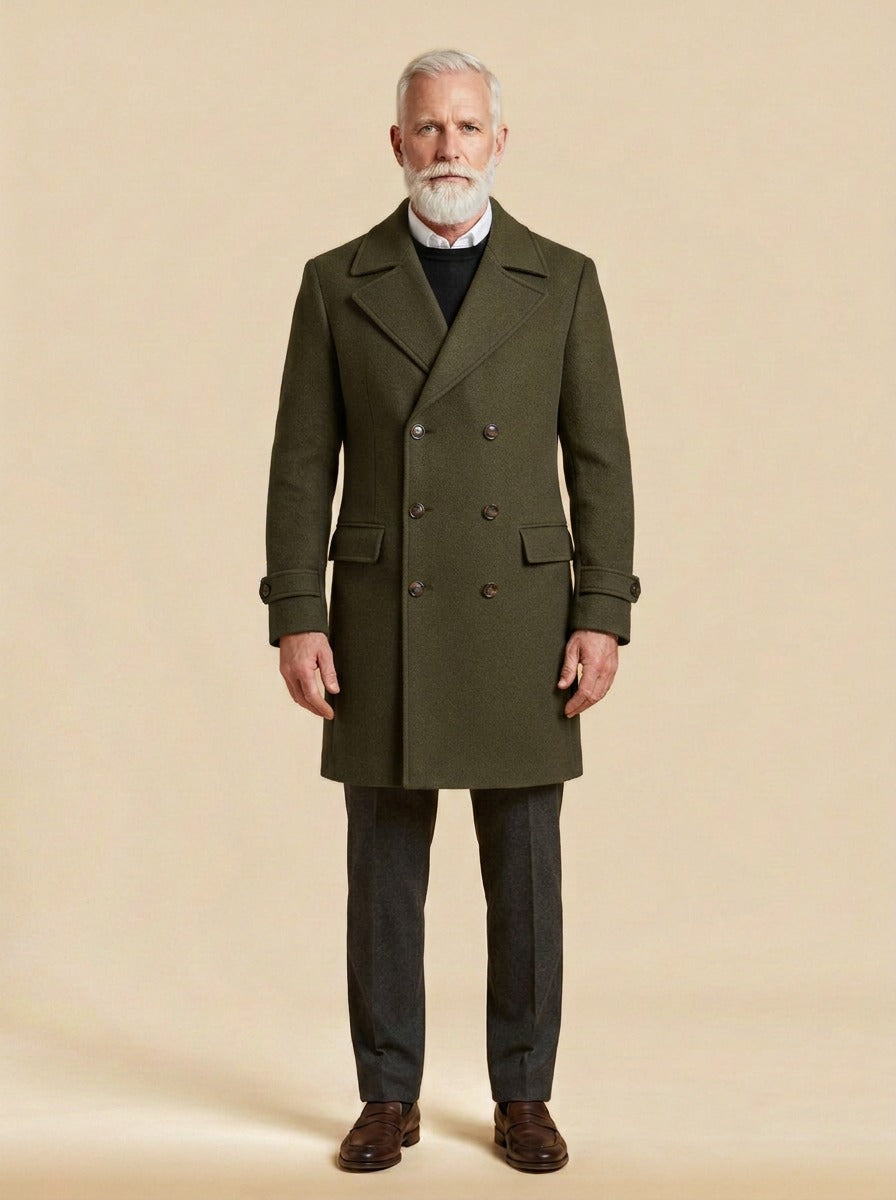 Bellingham double breasted peak lapel overcoat in Olive, studio, Gentlemens Manor