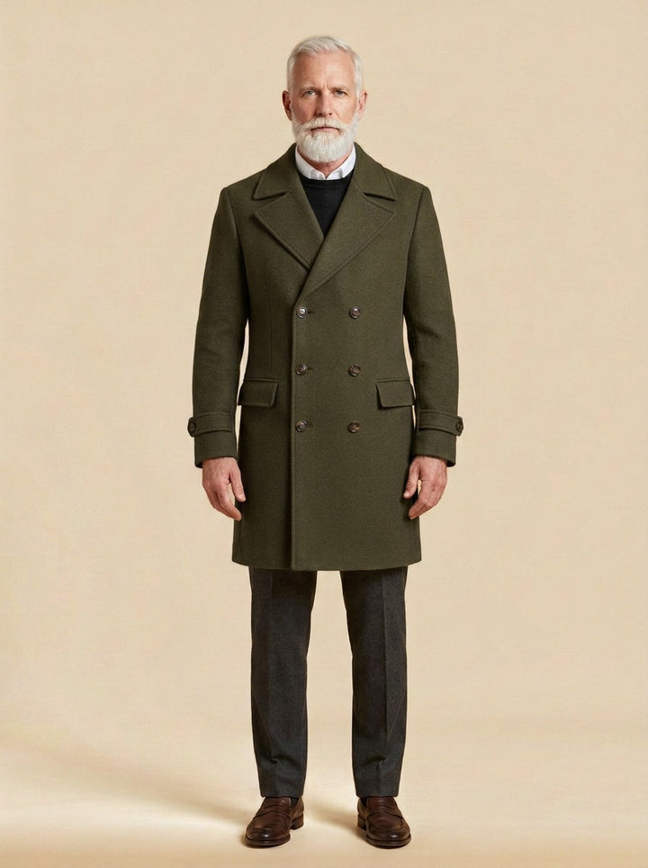 Bellingham double breasted peak lapel overcoat in Olive, studio, Gentlemens Manor