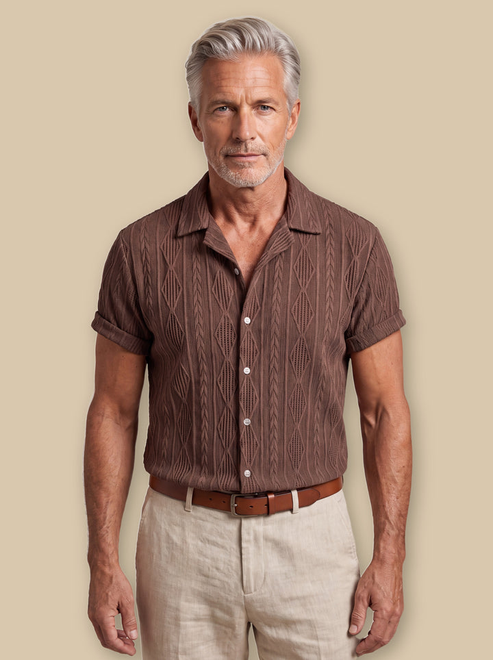 Benedict casual shirt in Brown, worn by a model on a warm sand studio background - Gentlemens Manor