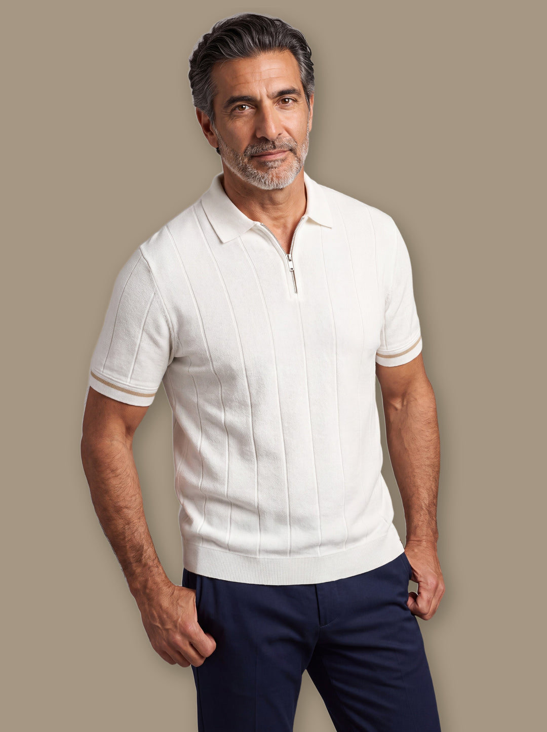 Benjamin polo shirt in White, worn by a model on a warm taupe studio background - Gentlemens Manor
