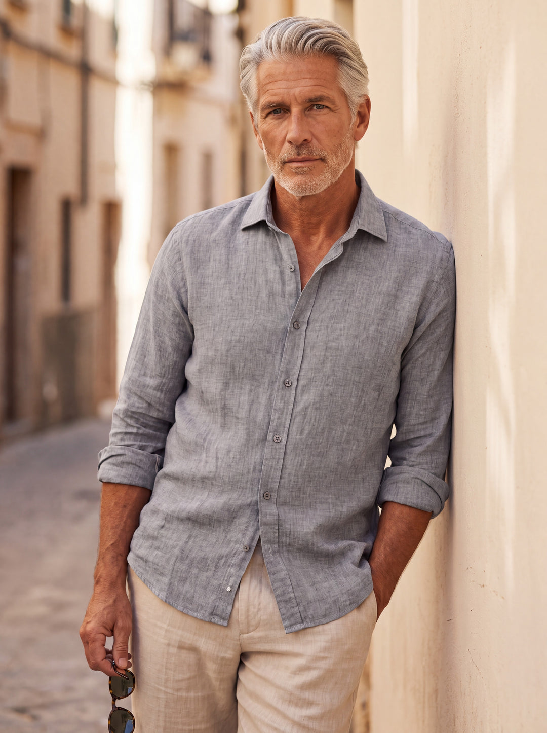Bennett Men linen shirt in Grey, worn by a model on a Mediterranean terrace - Gentlemens Manor lifestyle