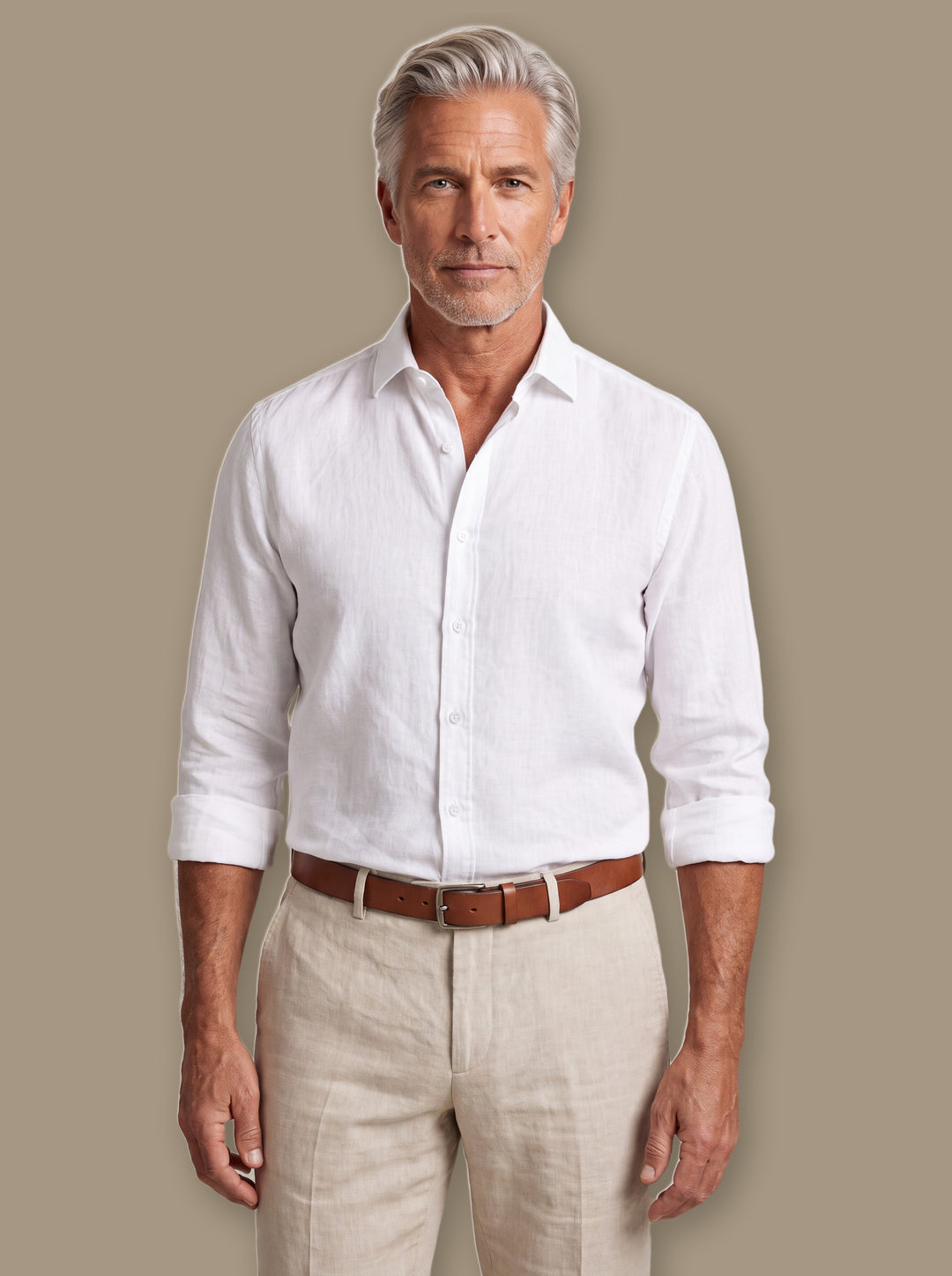 Bennett linen shirt in White, worn by a model on a warm taupe studio background - Gentlemens Manor