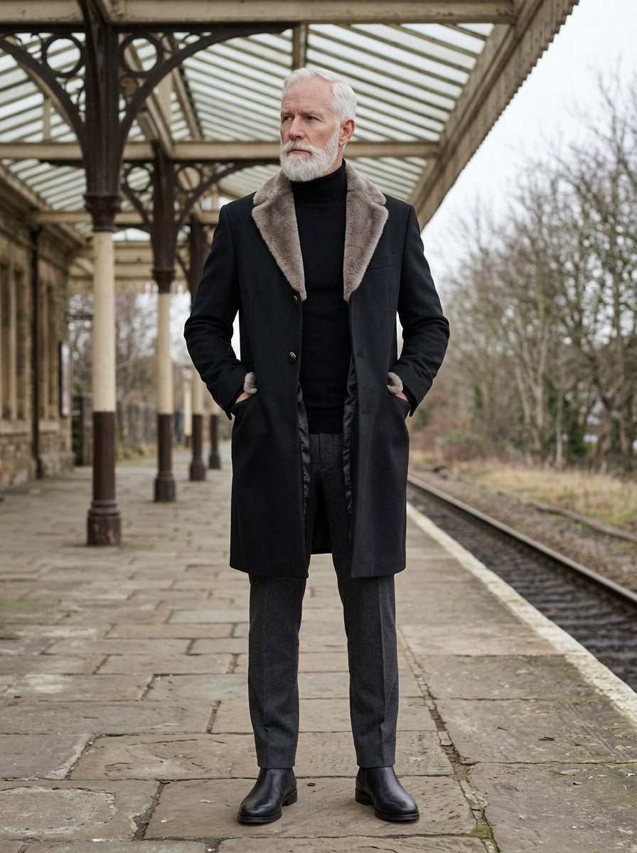 Benson coat in Black, lifestyle on a railway platform, Gentlemens Manor