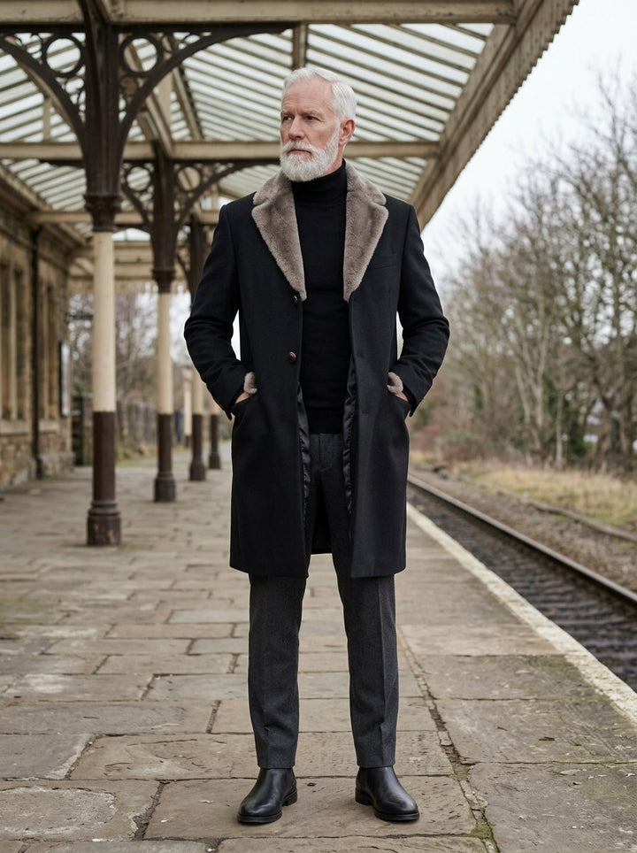 Benson coat in Black, lifestyle on a railway platform, Gentlemens Manor