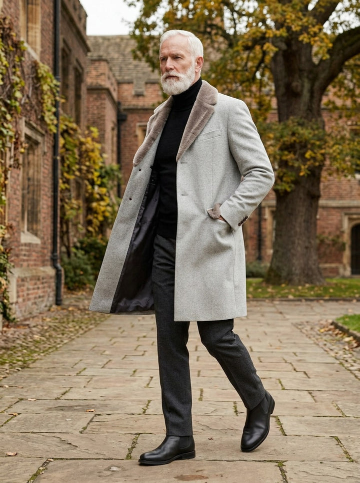 Benson coat in Grey, lifestyle in a brick college courtyard, Gentlemens Manor