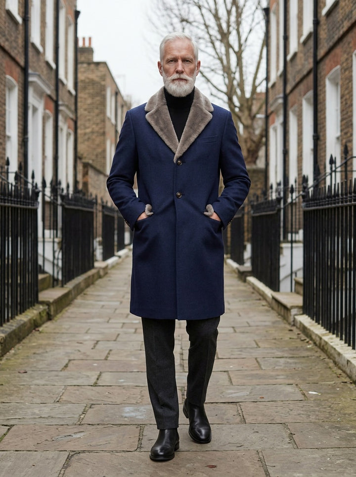 Benson coat in Navy, lifestyle on a street of brick row houses, Gentlemens Manor
