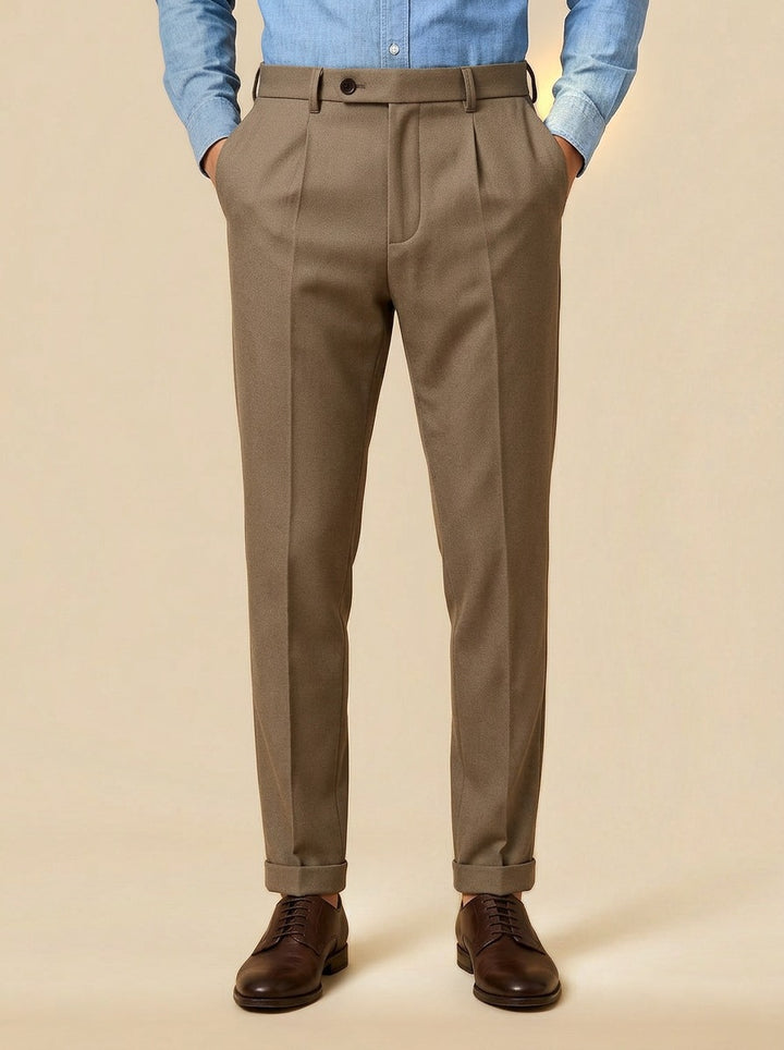 Benton slim tapered pleated trousers in Brown, studio, Gentlemens Manor