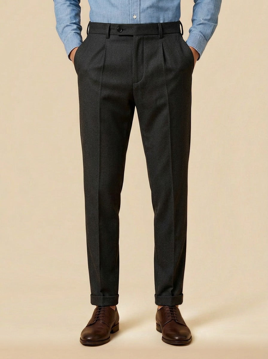 Benton slim tapered pleated trousers in Charcoal, studio, Gentlemens Manor