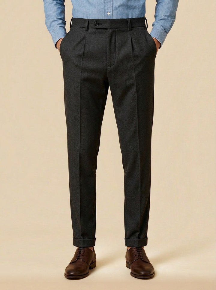 Benton slim tapered pleated trousers in Charcoal, studio, Gentlemens Manor