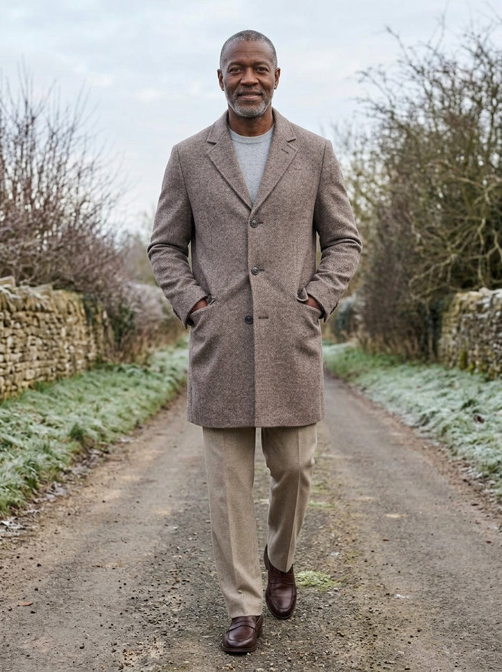 Beresford overcoat in Brown, lifestyle on a country lane, Gentlemens Manor