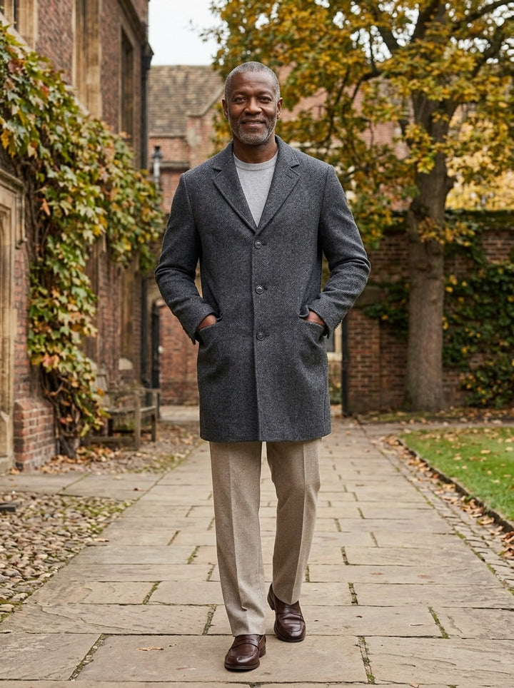 Beresford overcoat in Charcoal, lifestyle in a brick college courtyard, Gentlemens Manor