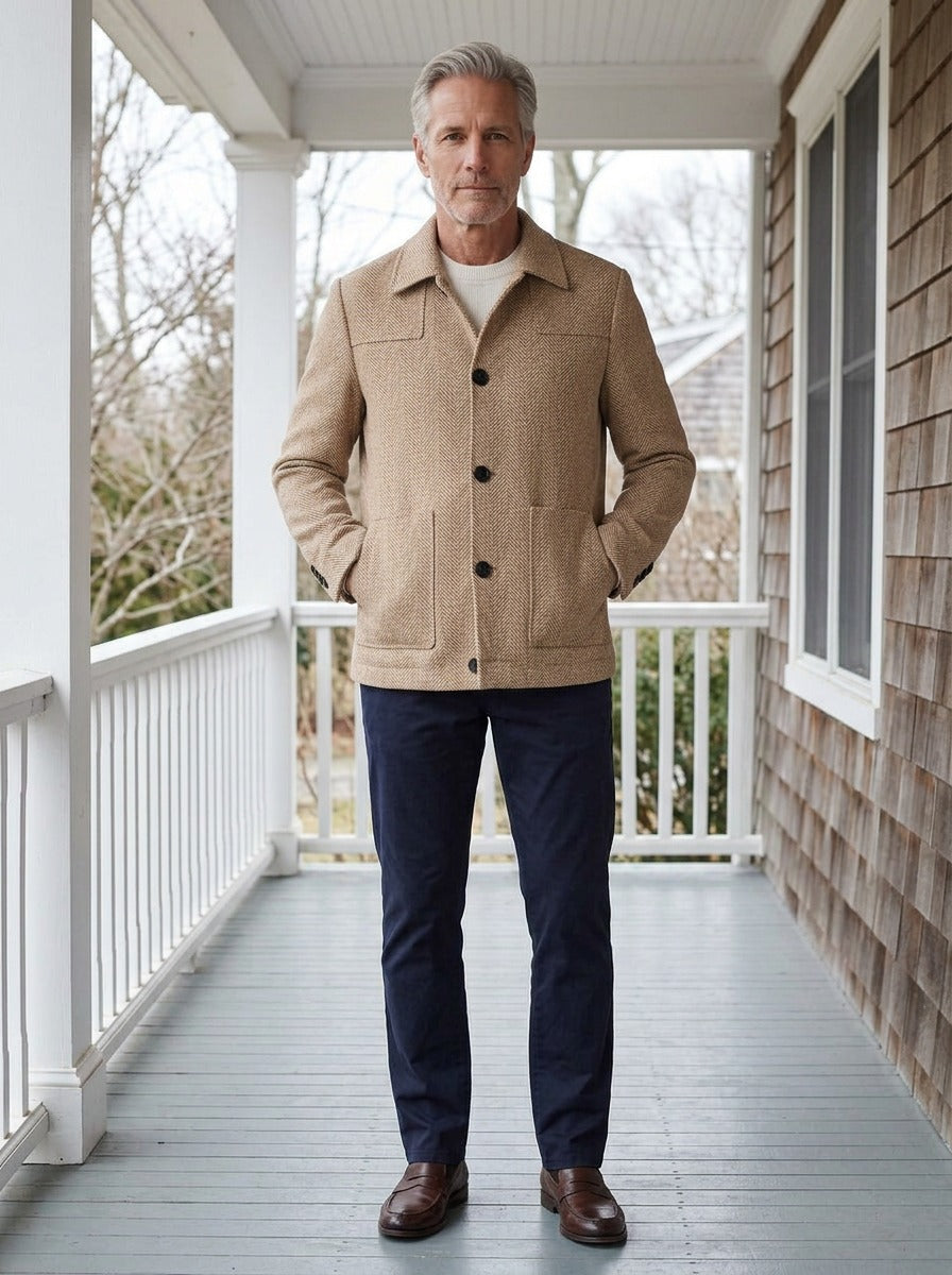 Berkeley herringbone shirt jacket in Beige, lifestyle on a covered porch, Gentlemens Manor