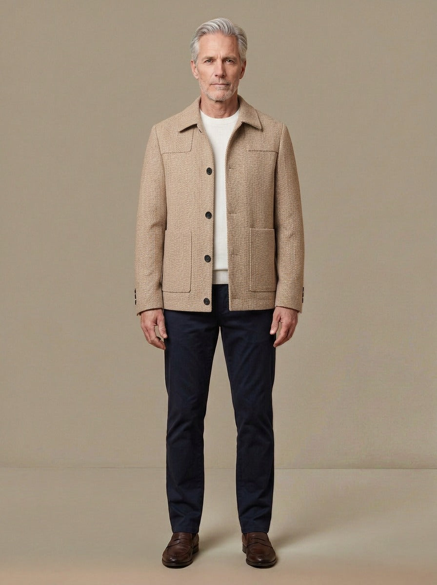 Berkeley herringbone shirt jacket in Beige, studio, Gentlemens Manor