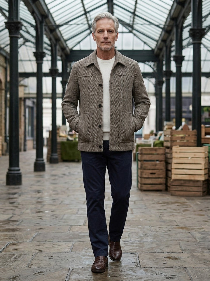 Berkeley herringbone shirt jacket in Brown, lifestyle in a covered market hall, Gentlemens Manor