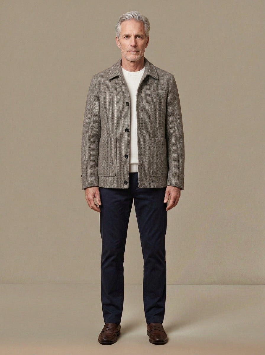 Berkeley herringbone shirt jacket in Brown, studio, Gentlemens Manor