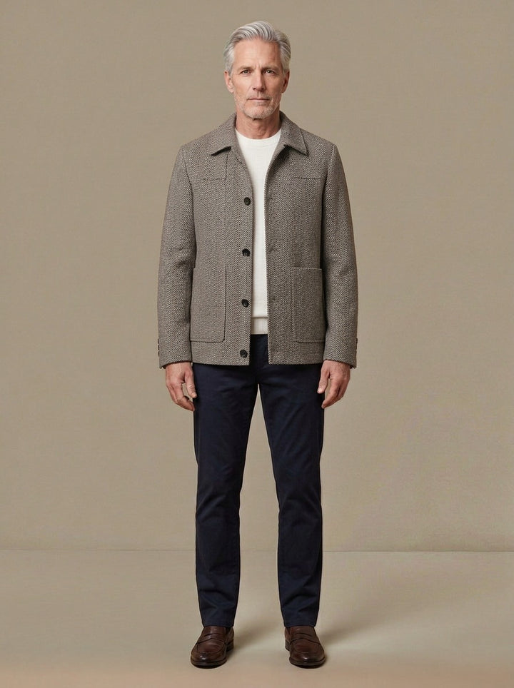 Berkeley herringbone shirt jacket in Brown, studio, Gentlemens Manor