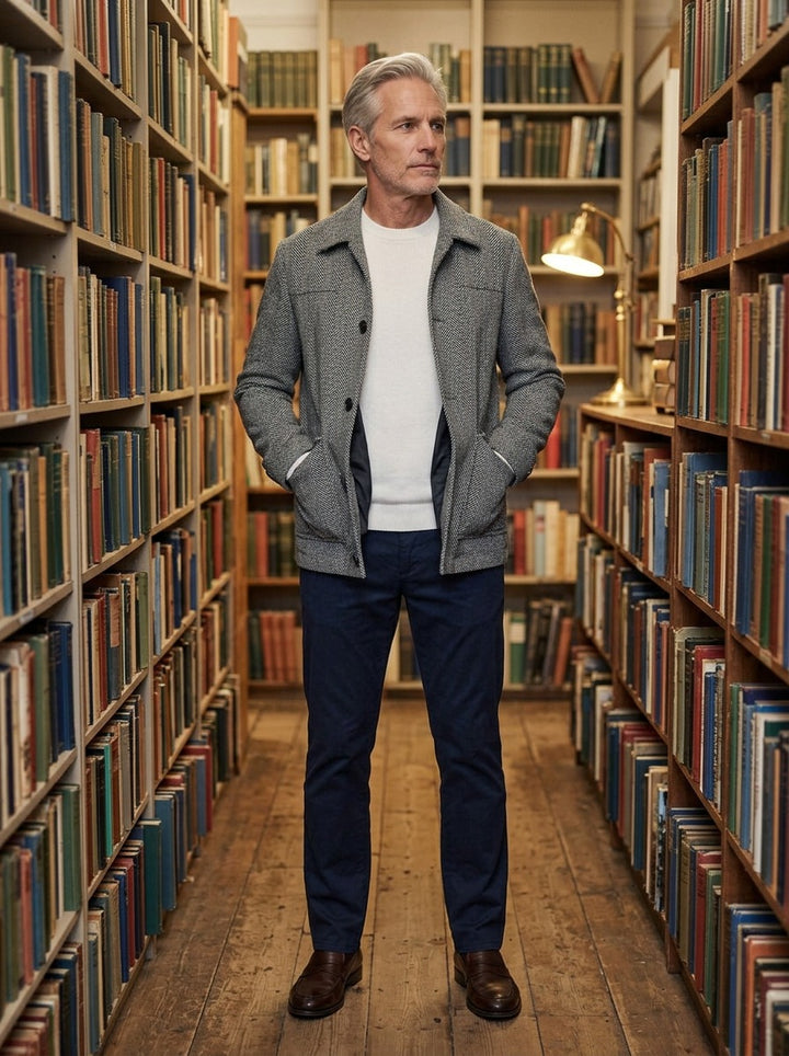 Berkeley herringbone shirt jacket in Grey, lifestyle in a secondhand bookshop, Gentlemens Manor