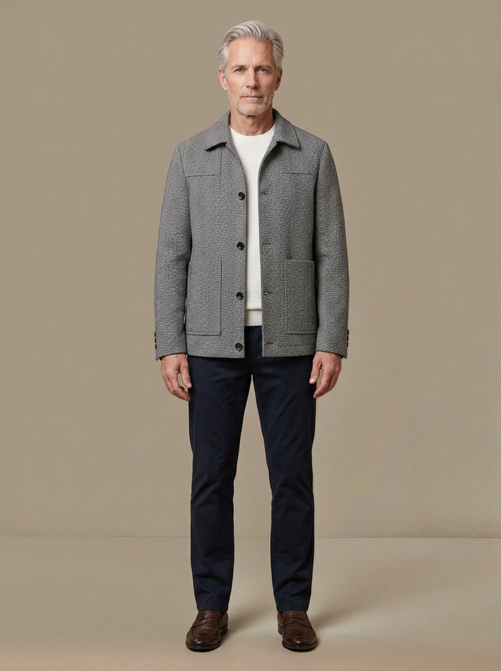 Berkeley herringbone shirt jacket in Grey, studio, Gentlemens Manor