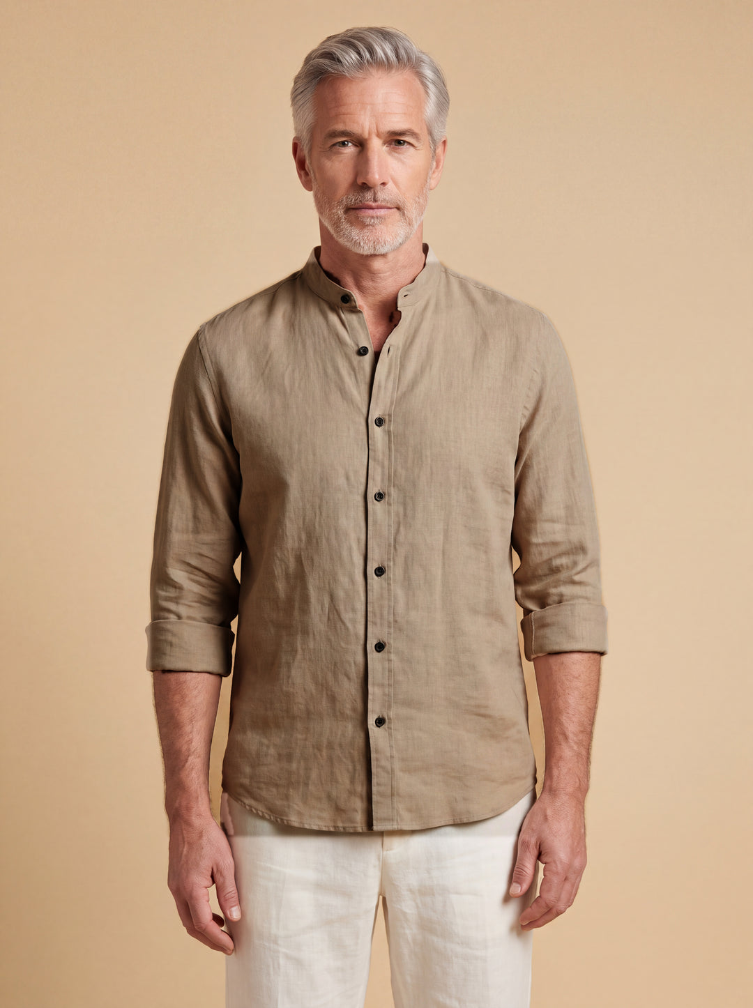 Bernard linen shirt in Beige with band collar, studio, Gentlemens Manor