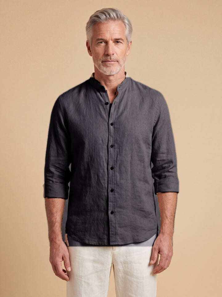 Bernard linen shirt in Charcoal with band collar, studio, Gentlemens Manor