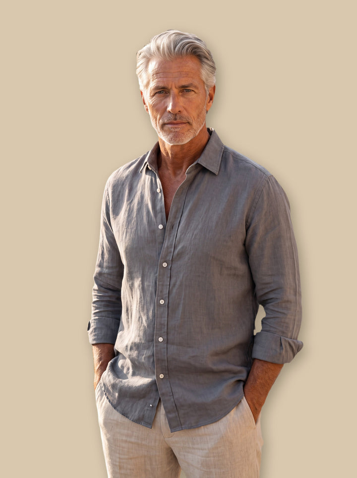Bernard linen shirt in Charcoal, studio - Gentlemens Manor