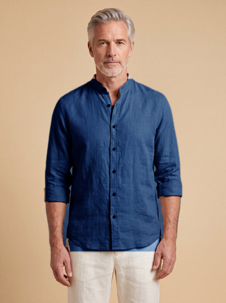 Bernard linen shirt in Navy with band collar, studio, Gentlemens Manor