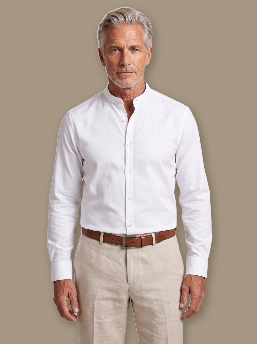 Bertram casual shirt in White, worn by a model on a warm taupe studio background - Gentlemens Manor