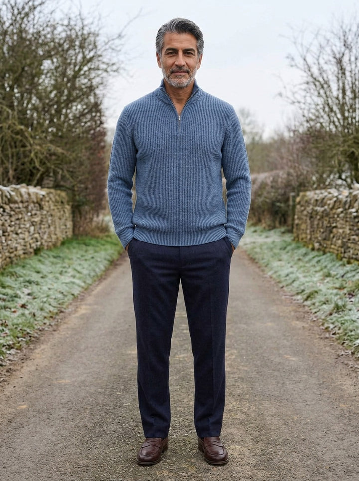 Bexford half zip sweater in Blue, lifestyle on a country lane, Gentlemens Manor