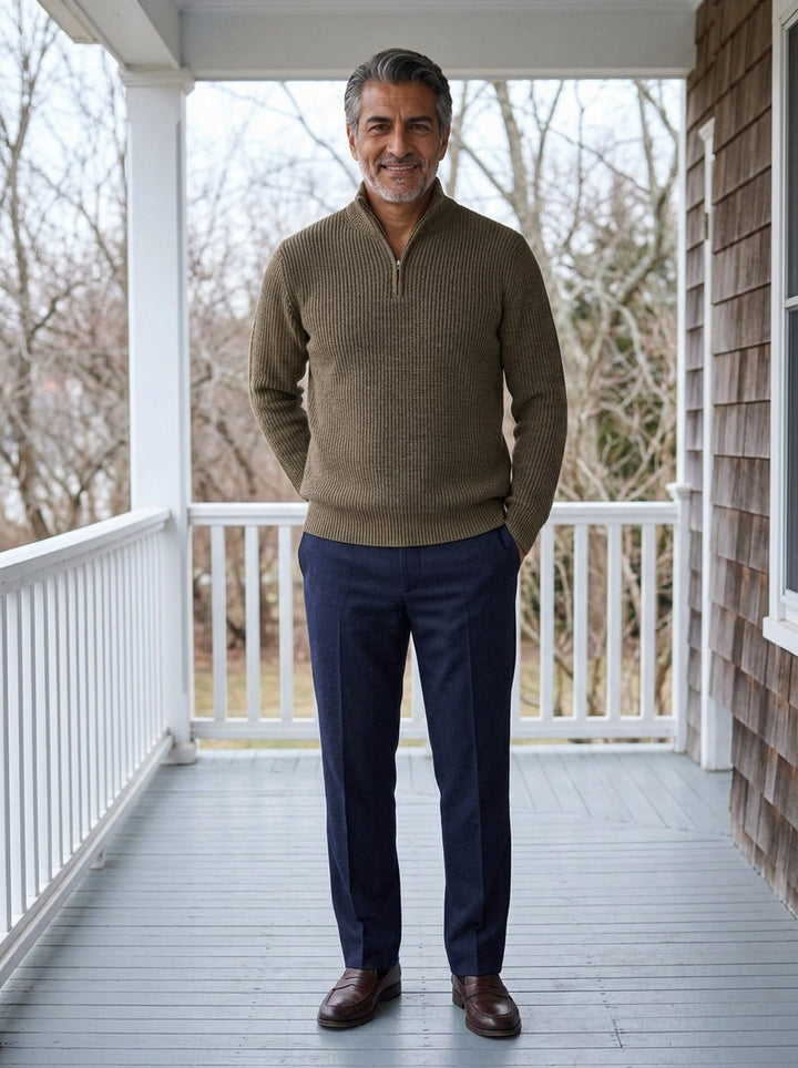 Bexford half zip sweater in Brown, lifestyle on a covered porch, Gentlemens Manor