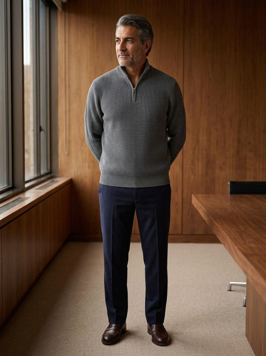 Bexford half zip sweater in Grey, lifestyle in a timber paneled office, Gentlemens Manor