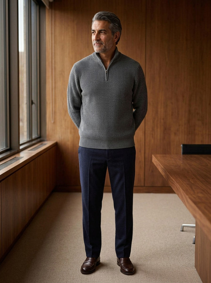 Bexford half zip sweater in Grey, lifestyle in a timber paneled office, Gentlemens Manor