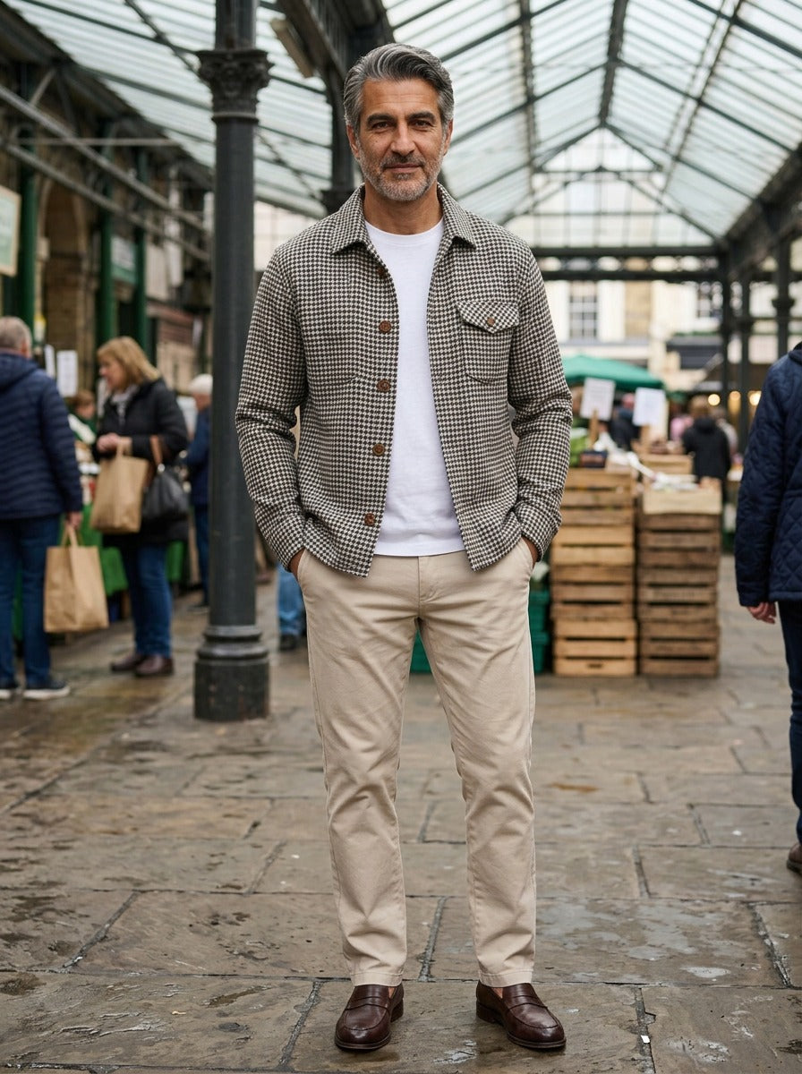 Bexley shirt jacket in Black, lifestyle in a covered market hall, Gentlemens Manor