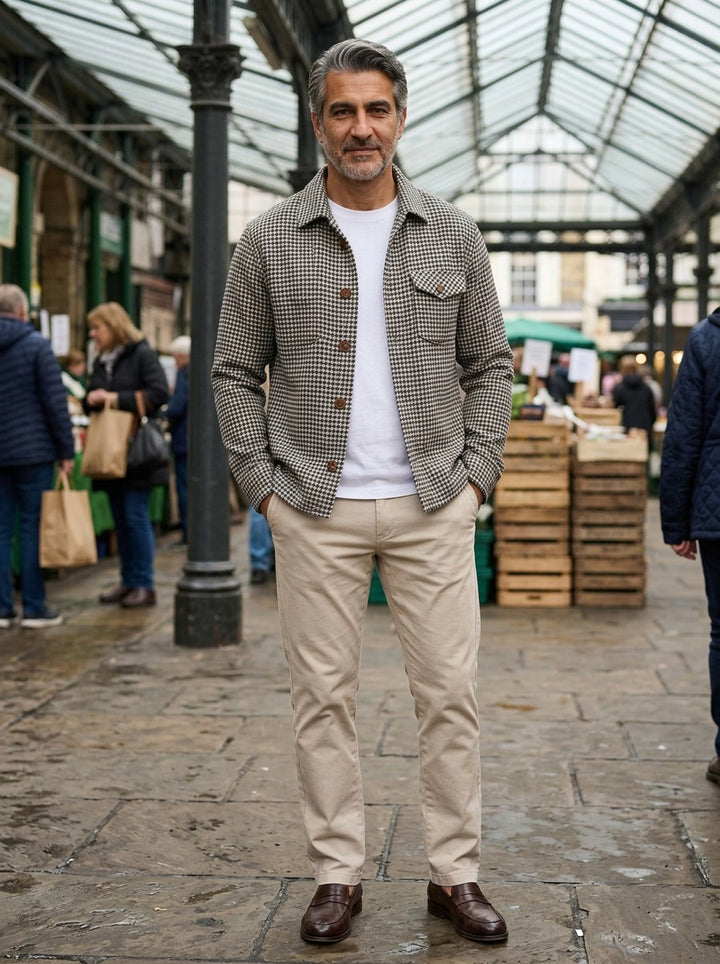 Bexley shirt jacket in Black, lifestyle in a covered market hall, Gentlemens Manor