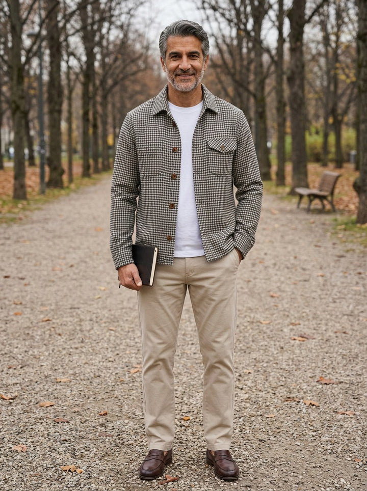 Bexley shirt jacket in Black, lifestyle on a park path, Gentlemens Manor