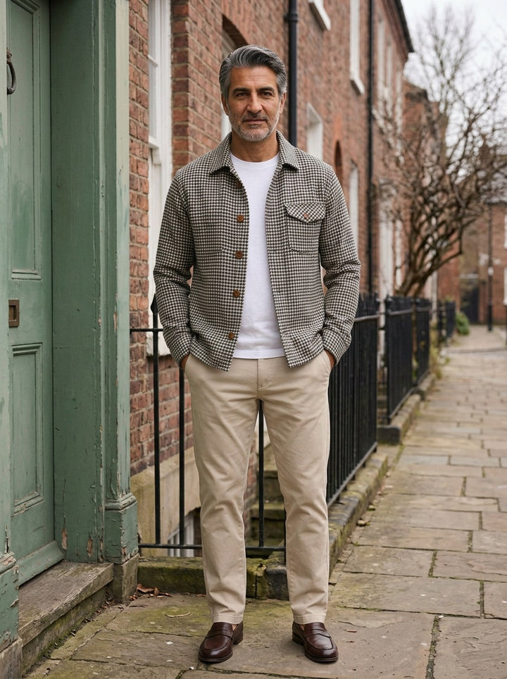 Bexley shirt jacket in Black, lifestyle on a street of brick row houses, Gentlemens Manor