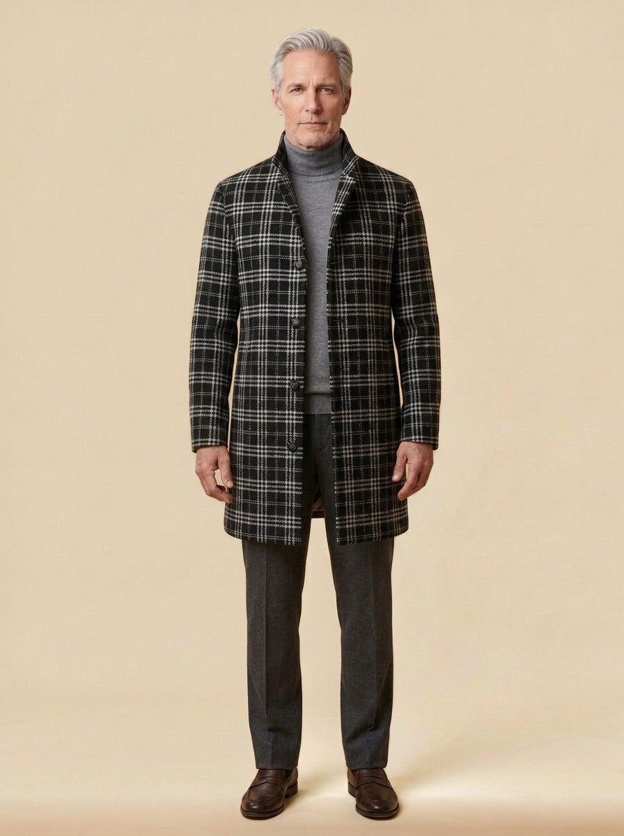 Bingham stand collar wool blend coat in Black Plaid, studio, Gentlemens Manor