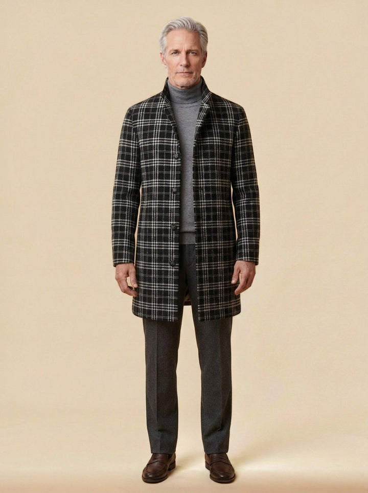Bingham stand collar wool blend coat in Black Plaid, studio, Gentlemens Manor