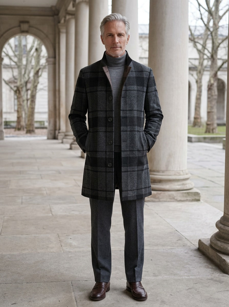 Bingham stand collar wool blend coat in Charcoal Plaid, lifestyle in a stone colonnade, Gentlemens Manor