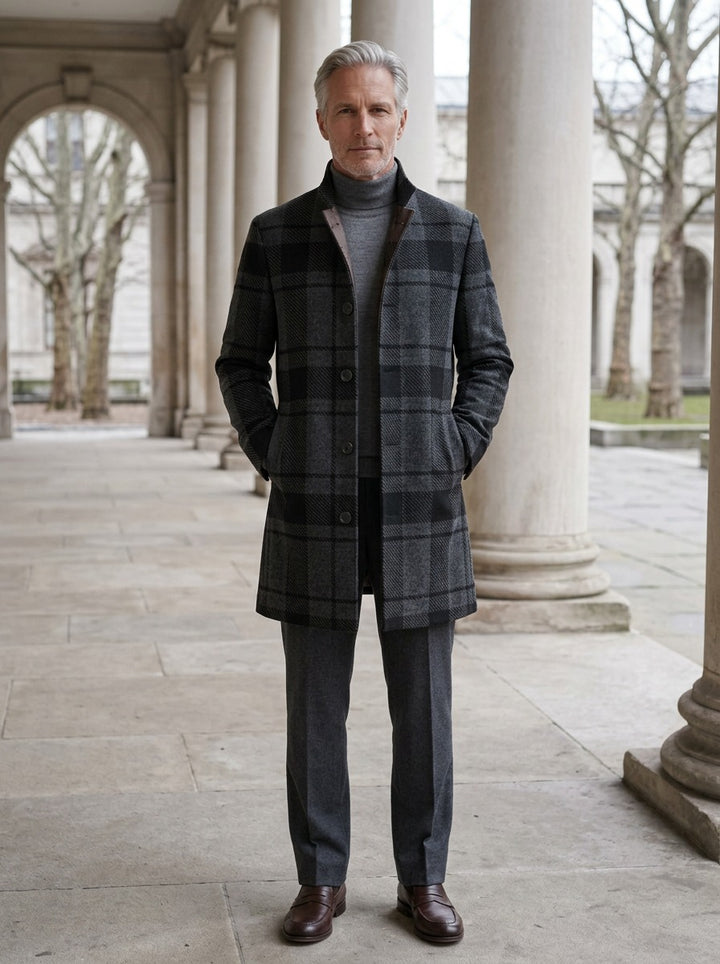 Bingham stand collar wool blend coat in Charcoal Plaid, lifestyle in a stone colonnade, Gentlemens Manor