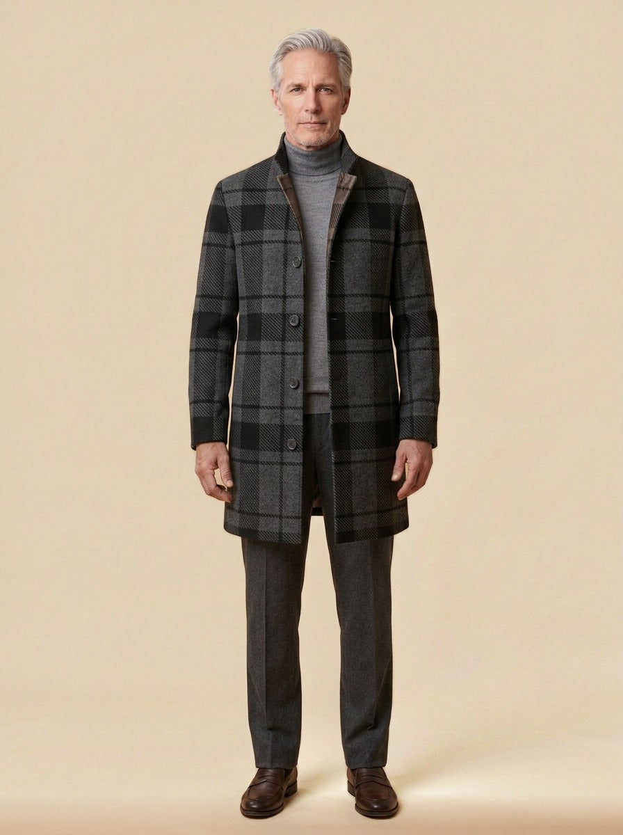 Bingham stand collar wool blend coat in Charcoal Plaid, studio, Gentlemens Manor