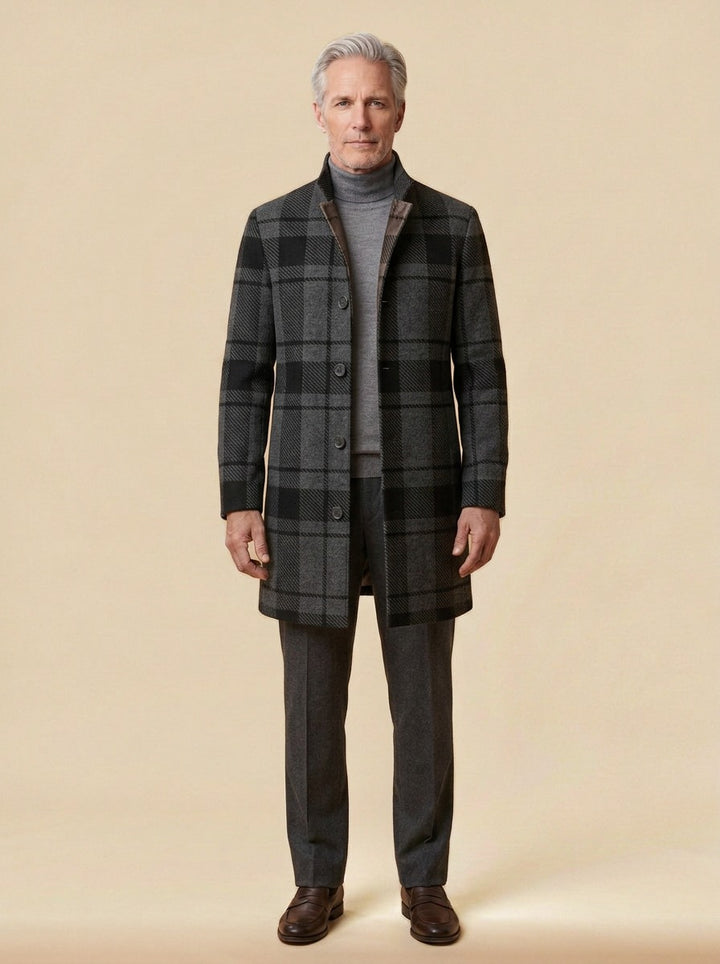 Bingham stand collar wool blend coat in Charcoal Plaid, studio, Gentlemens Manor