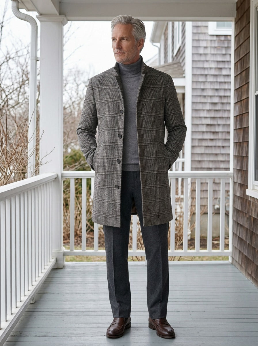 Bingham stand collar wool blend coat in Grey Check, lifestyle on a covered porch, Gentlemens Manor