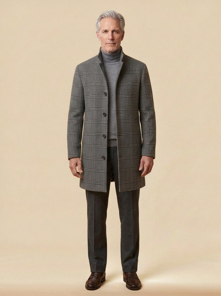 Bingham stand collar wool blend coat in Grey Check, studio, Gentlemens Manor