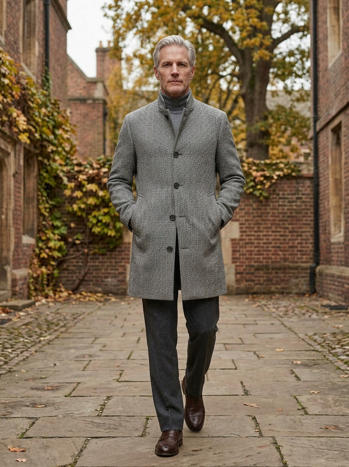 Bingham stand collar wool blend coat in Grey Herringbone, lifestyle in a brick college courtyard, Gentlemens Manor
