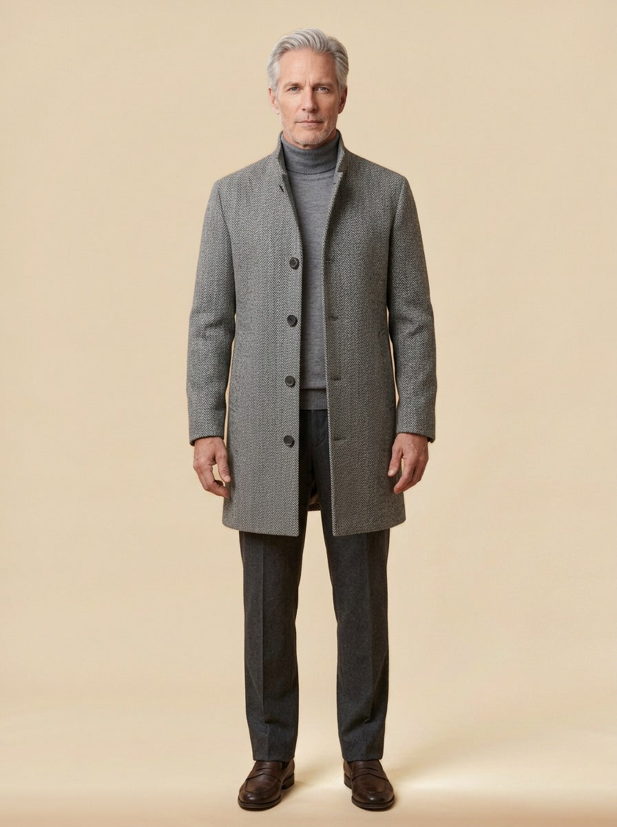 Bingham stand collar wool blend coat in Grey Herringbone, studio, Gentlemens Manor