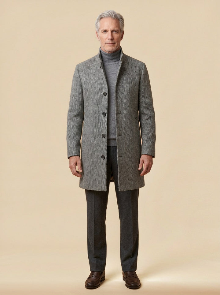 Bingham stand collar wool blend coat in Grey Herringbone, studio, Gentlemens Manor