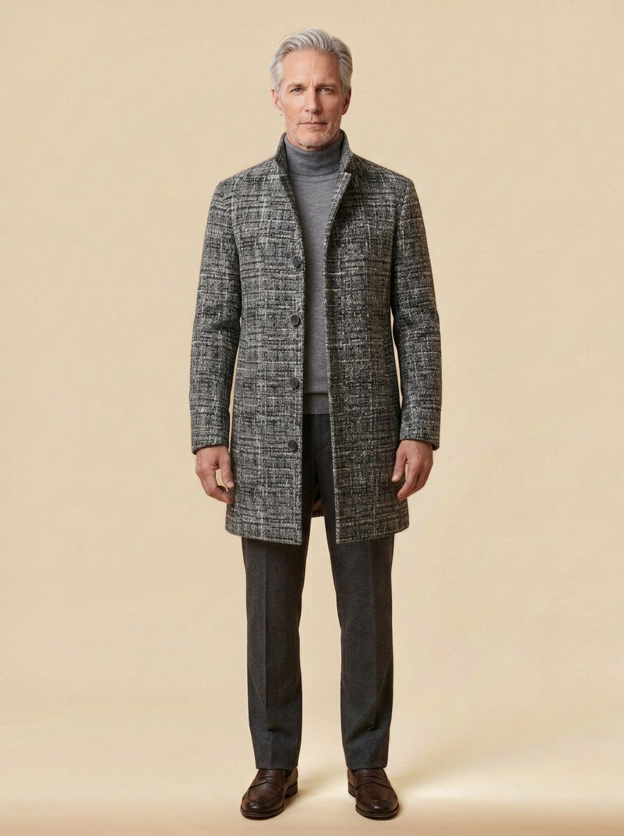 Bingham stand collar wool blend coat in Grey Tweed, studio, Gentlemens Manor