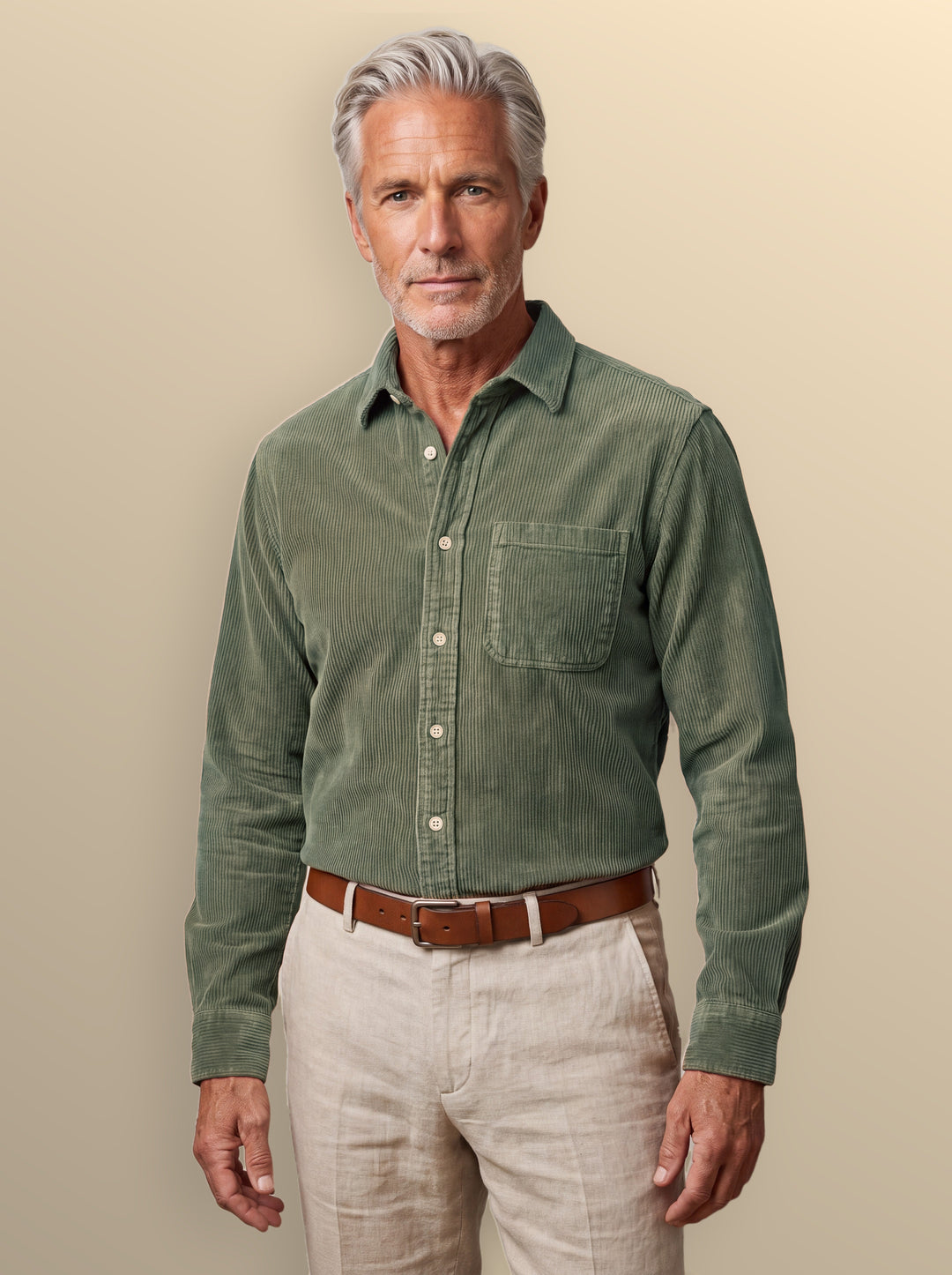 Bishop casual shirt in Green, worn by a model on a warm sand studio background - Gentlemens Manor