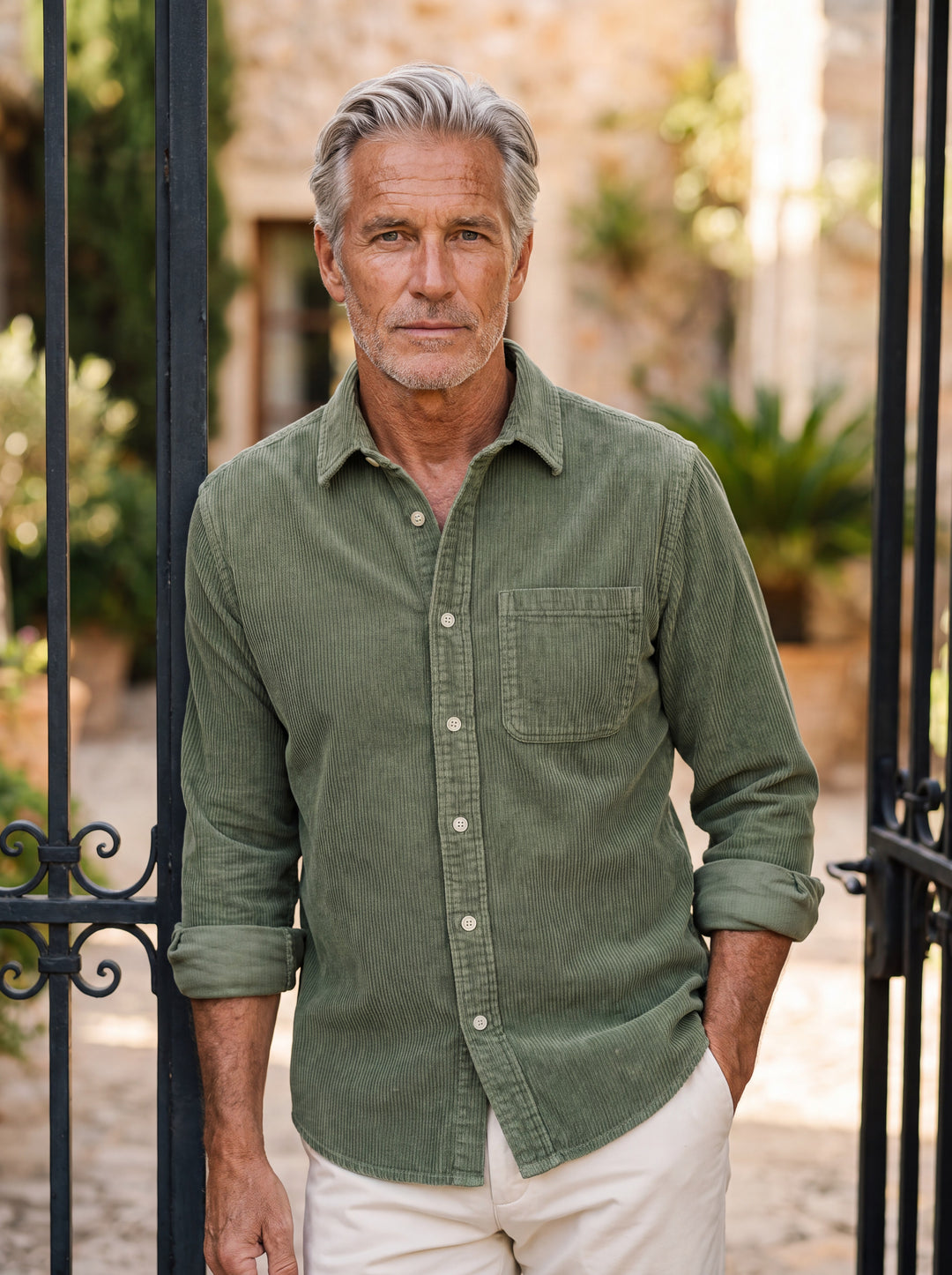 Bishop shirt in Green, worn by a model in a Mediterranean setting - Gentlemens Manor lifestyle