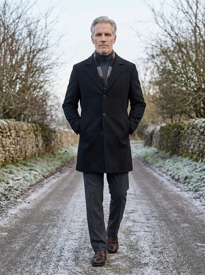 Blackwell plaid collar topcoat in Black, lifestyle on a country lane, Gentlemens Manor